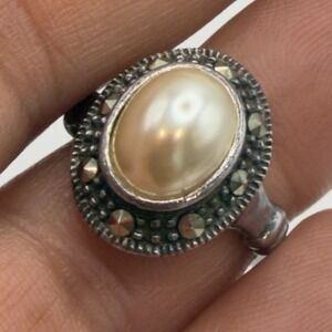 Vtg TM Sterling Silver Art Deco Style Ring Marcasite Faux Mabe Pearl Sz 6.5